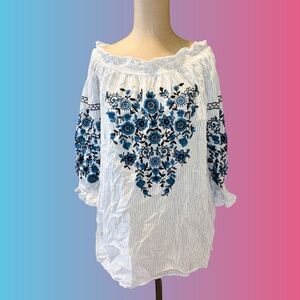 Zara White Blouse with Blue Embroidery